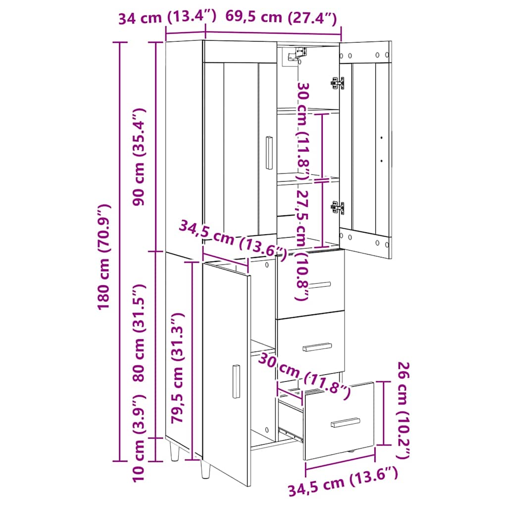 Vysoký bufet Staré dřevo 69,5 x 34 x 180 cm kompozitní dřevo - obrázek 15