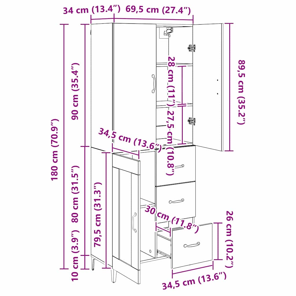 Vysoký bufet Staré dřevo 69,5 x 34 x 180 cm kompozitní dřevo - obrázek 14