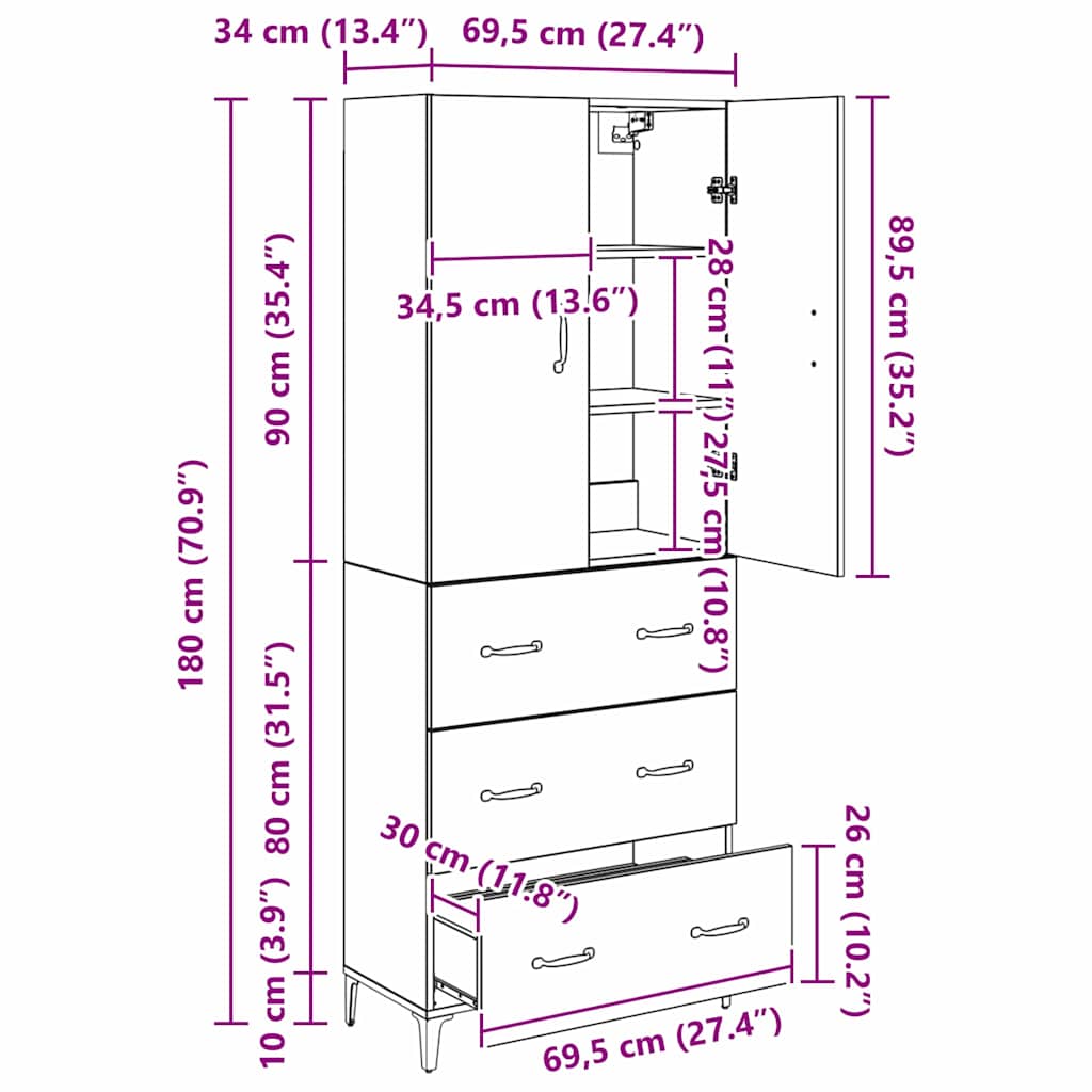 Vysoký bufet Staré dřevo 69,5 x 34 x 180 cm kompozitní dřevo - obrázek 14