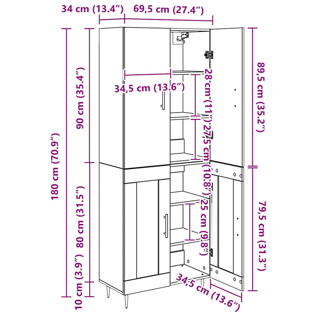 Vysoký bufet Staré dřevo 69,5 x 34 x 180 cm kompozitní dřevo - obrázek 14