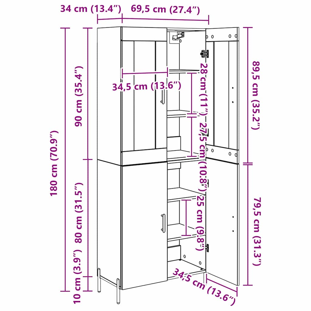 Vysoký bufet Staré dřevo 69,5 x 34 x 180 cm kompozitní dřevo - obrázek 14