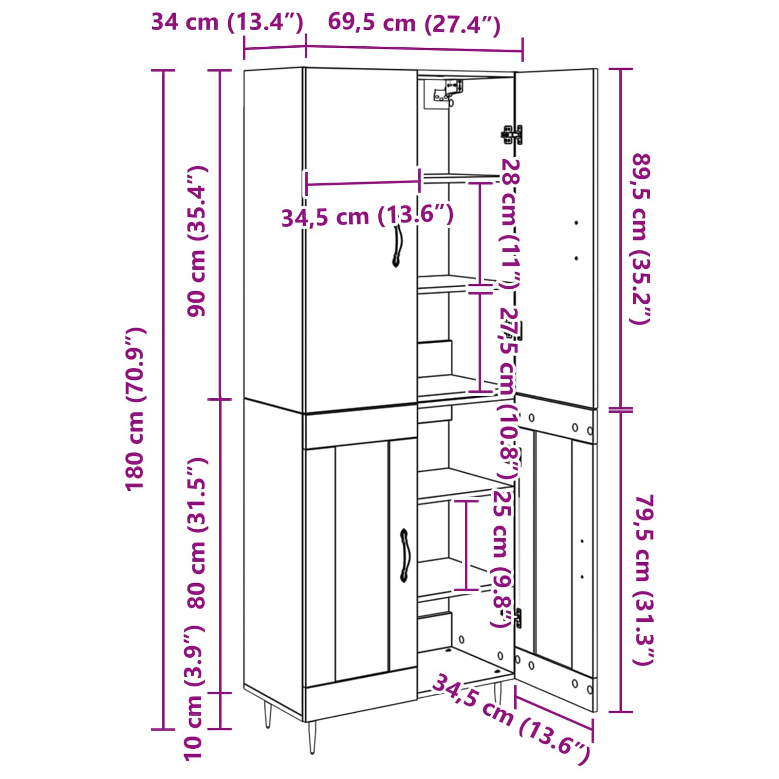 Vysoký bufet Staré dřevo 69,5 x 34 x 180 cm kompozitní dřevo - obrázek 14
