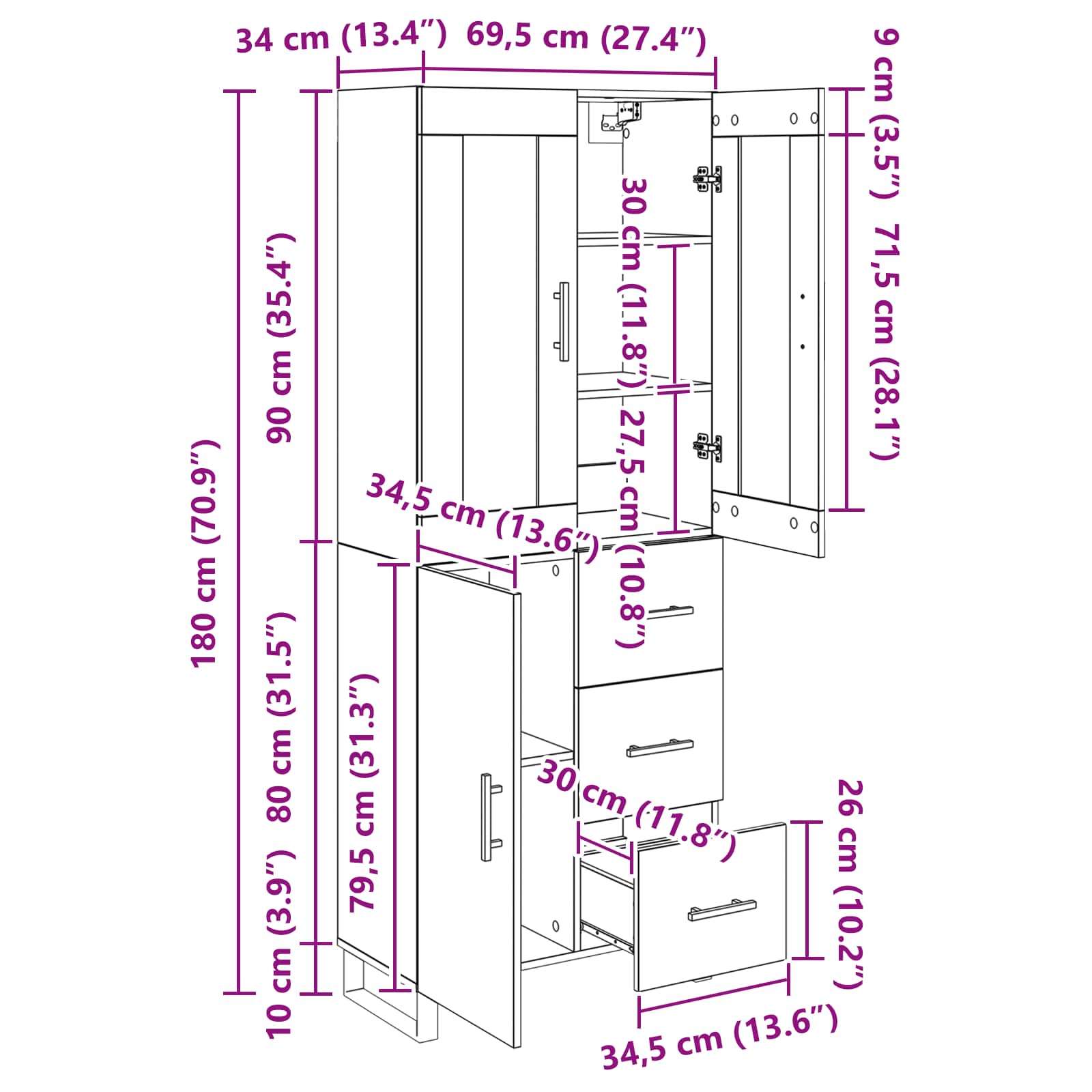 Vysoký bufet Staré dřevo 69,5 x 34 x 180 cm kompozitní dřevo - obrázek 15