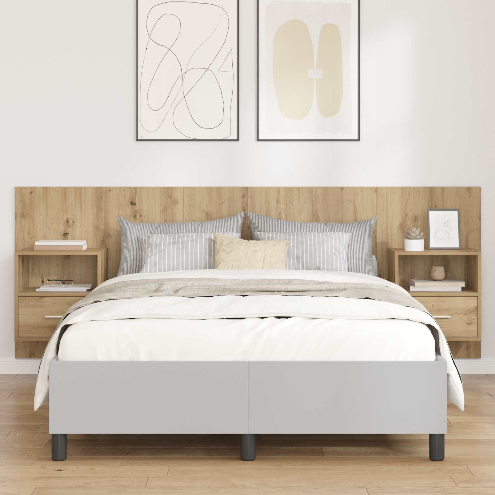 Paturi si accesorii - Tăblie cu Noptieră cu raft 3 pcs Stejar Artizanal Lemn compozit