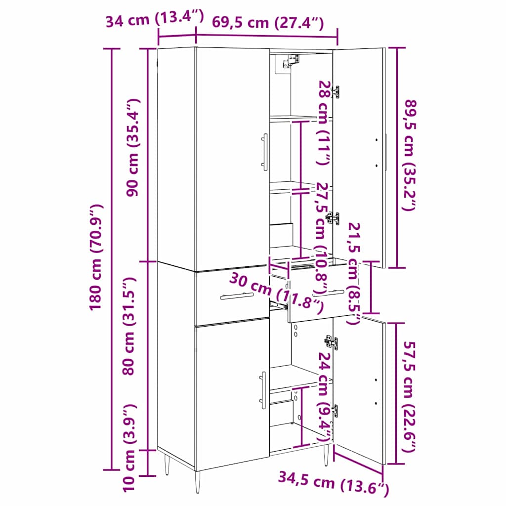 Vysoký bufet Černý dub 69,5 x 34 x 180 cm kompozitní dřevo - obrázek 14