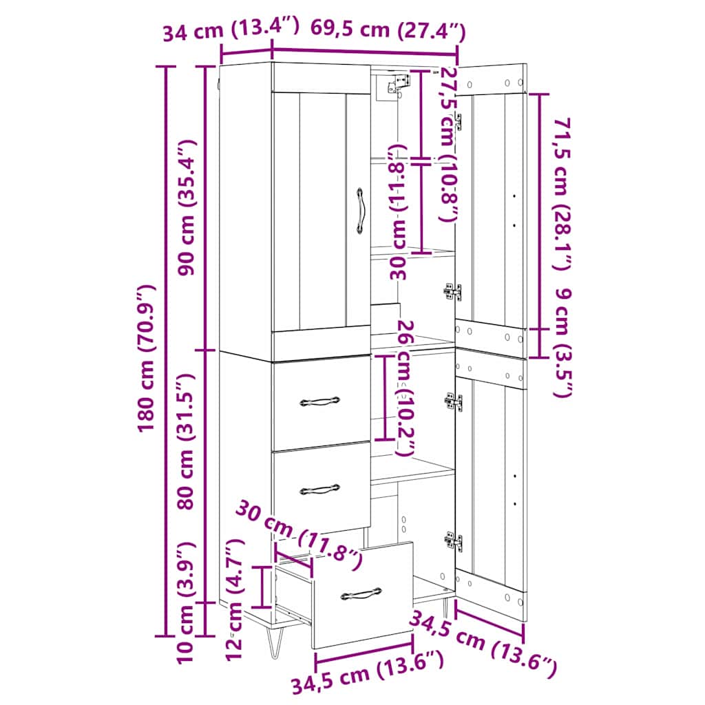 Vysoký bufet Černý dub 69,5 x 34 x 180 cm kompozitní dřevo - obrázek 15