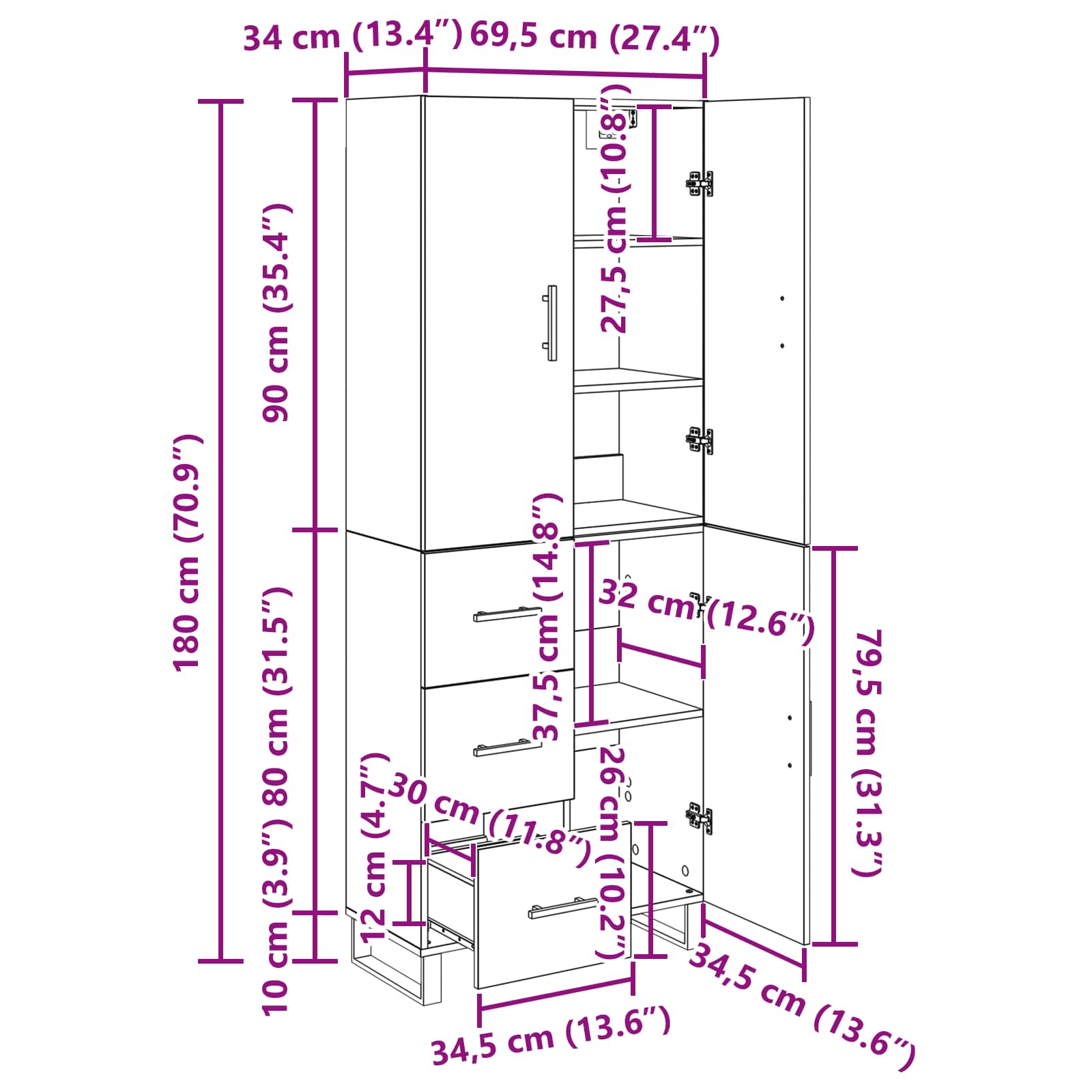 Vysoký bufet se zásuvkou 2 pcs Černý dub 69,5 x 34 x 180 cm - obrázek 15