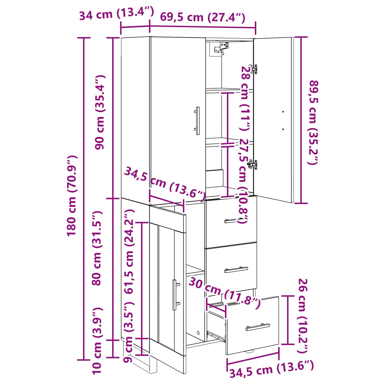 Vysoký bufet se zásuvkou 2 pcs Černý dub 69,5 x 34 x 180 cm - obrázek 15