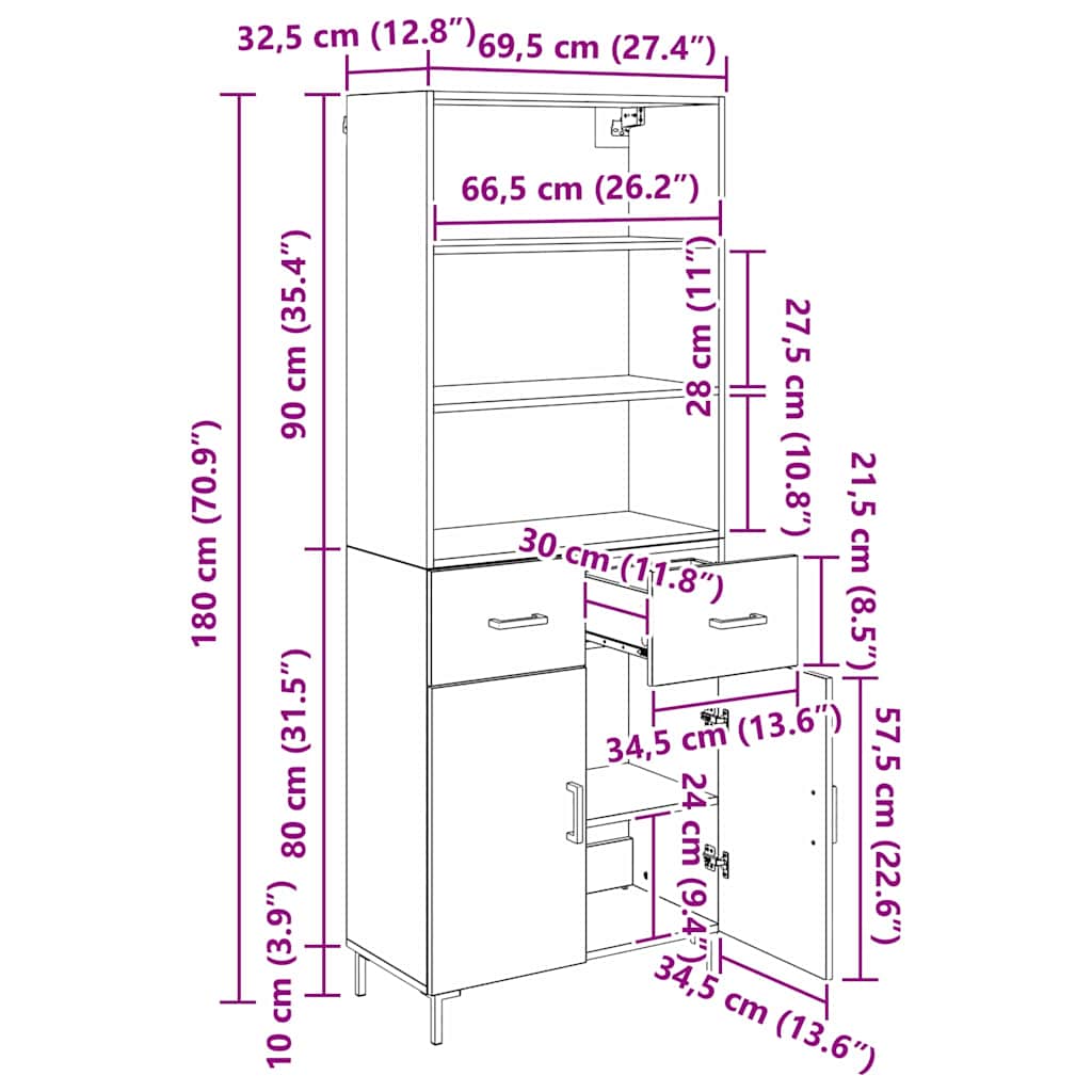 Vysoký bufet Černý dub 69,5 x 34 x 180 cm kompozitní dřevo - obrázek 14
