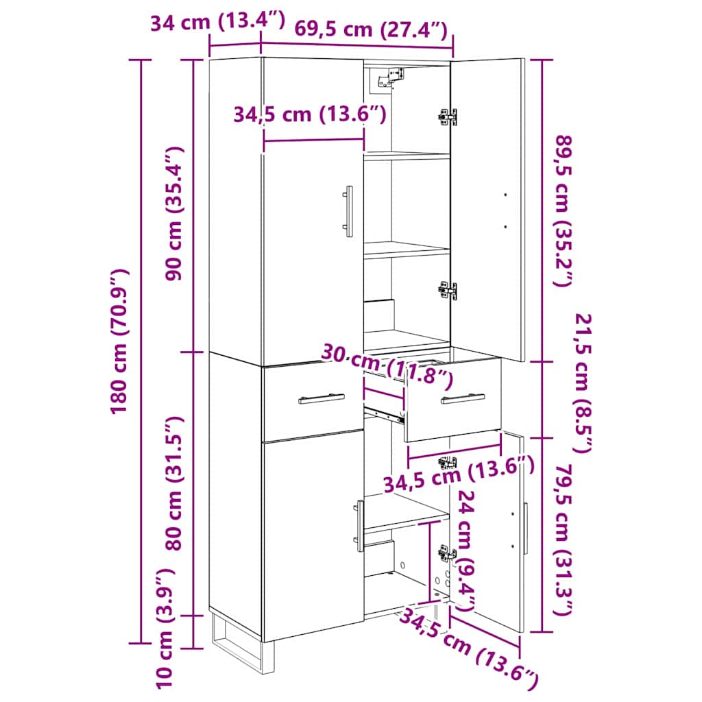 Vysoký bufet se zásuvkou 2 pcs Černý dub 69,5 x 34 x 180 cm - obrázek 14
