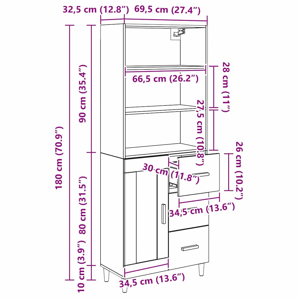 Vysoký bufet Černý dub 69,5 x 32,5 x 180 cm kompozitní dřevo - obrázek 15
