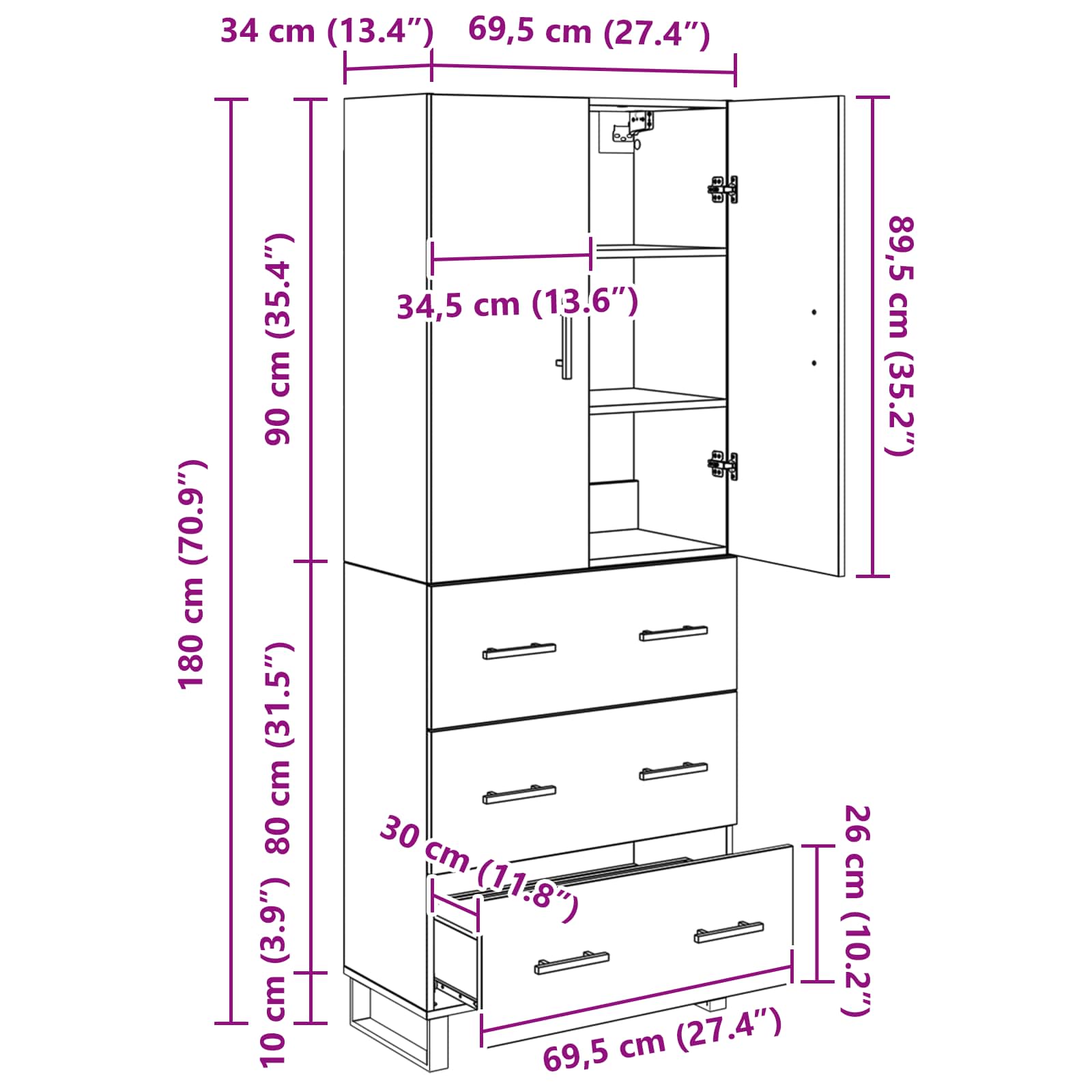 Vysoký bufet se zásuvkou 2 pcs Černý dub 69,5 x 34 x 180 cm - obrázek 14