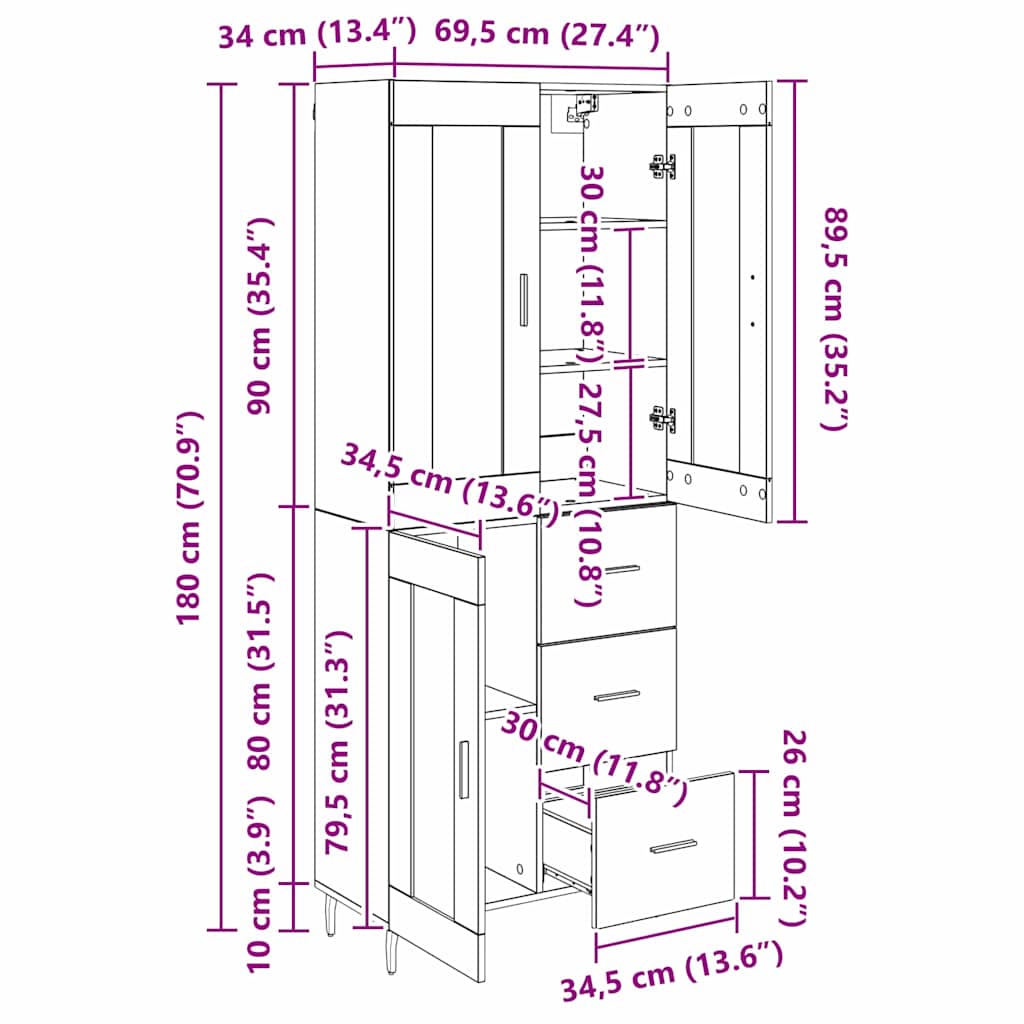 Vysoký bufet 2 pcs Černý dub 69,5 x 34 x 180 cm - obrázek 15