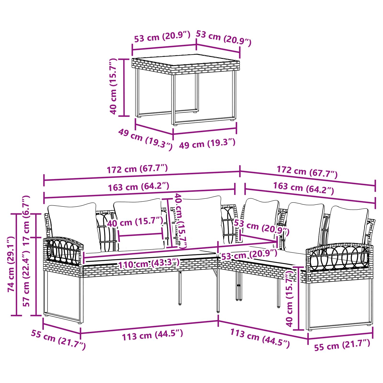 Vrtna sedežna garnitura z blazino 2 pcs Naravna Poliratan jeklo - slika 10