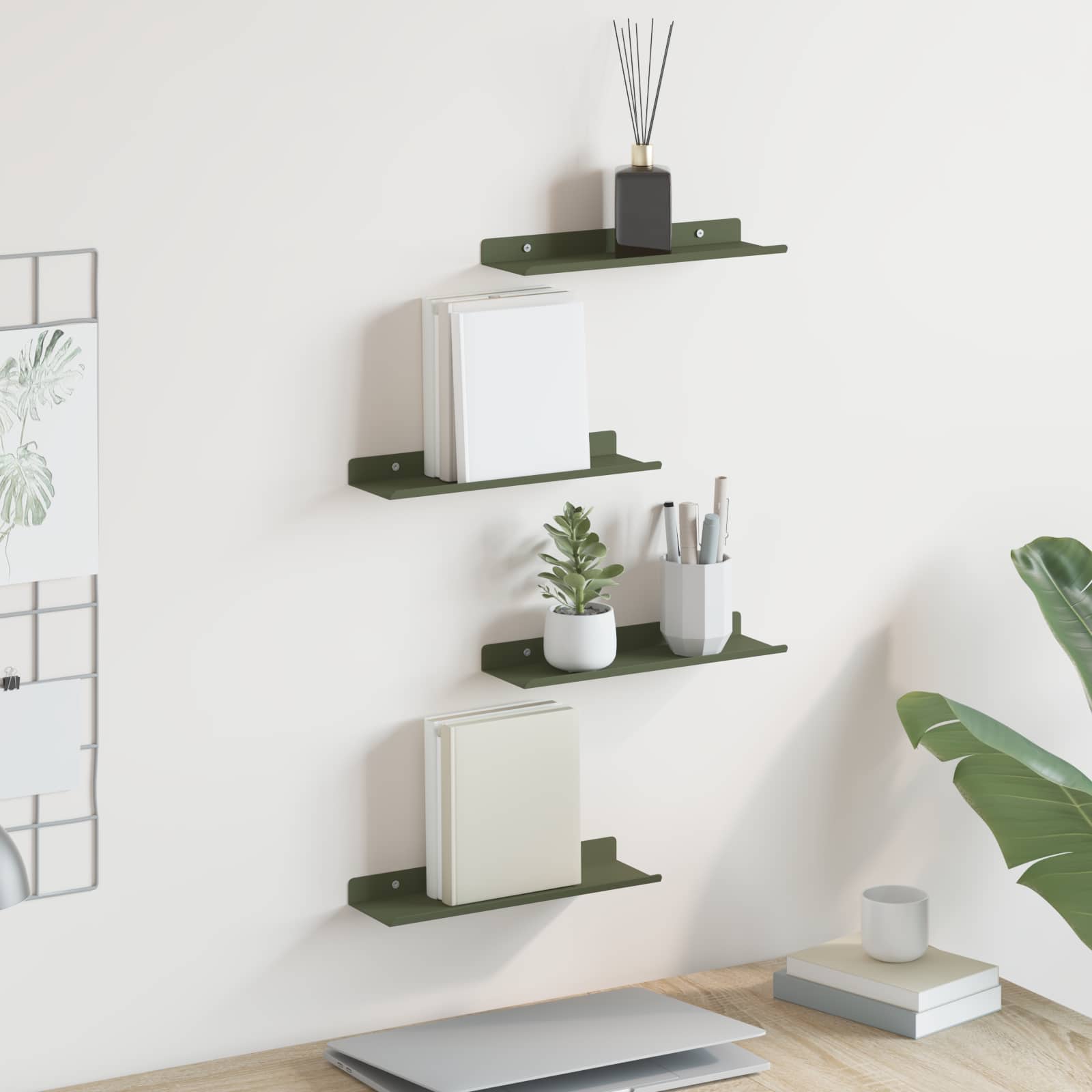 Ležeča polica 4 pcs Oljčno zelena 30 x 9 x 2,5 cm Jeklo