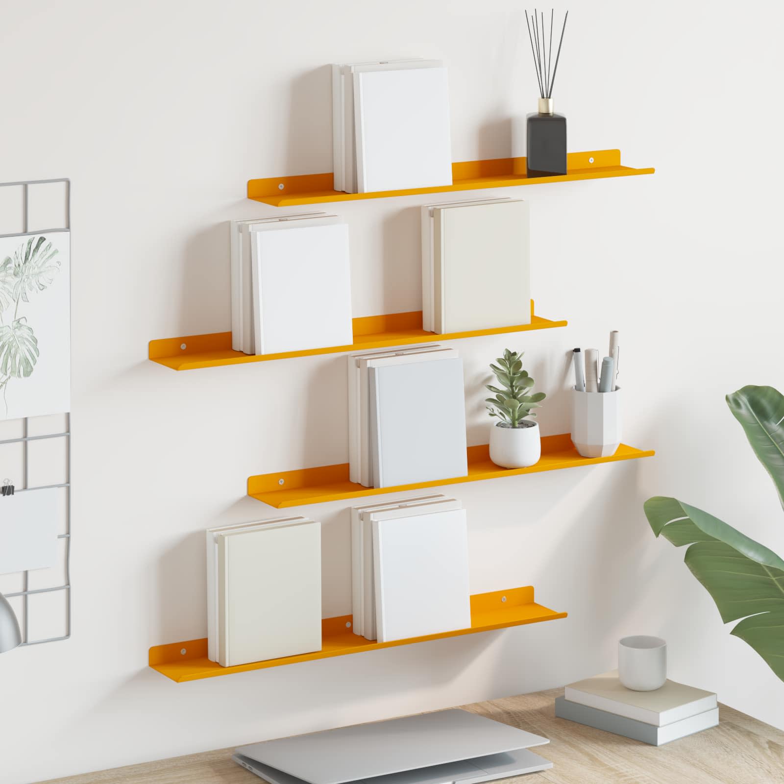 vidaXL Schwebendes Regal 4 pcs Senfgelb 60 x 9 x 2,5 cm Stahl