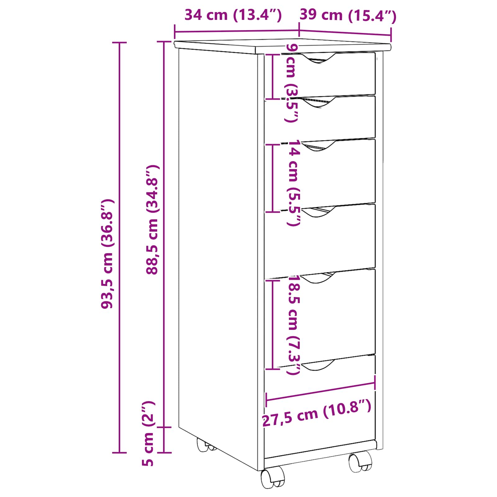 Rolling Kast met wiel Zwart 34 x 39 x 93,5 cm Massief Vurenhout image 10