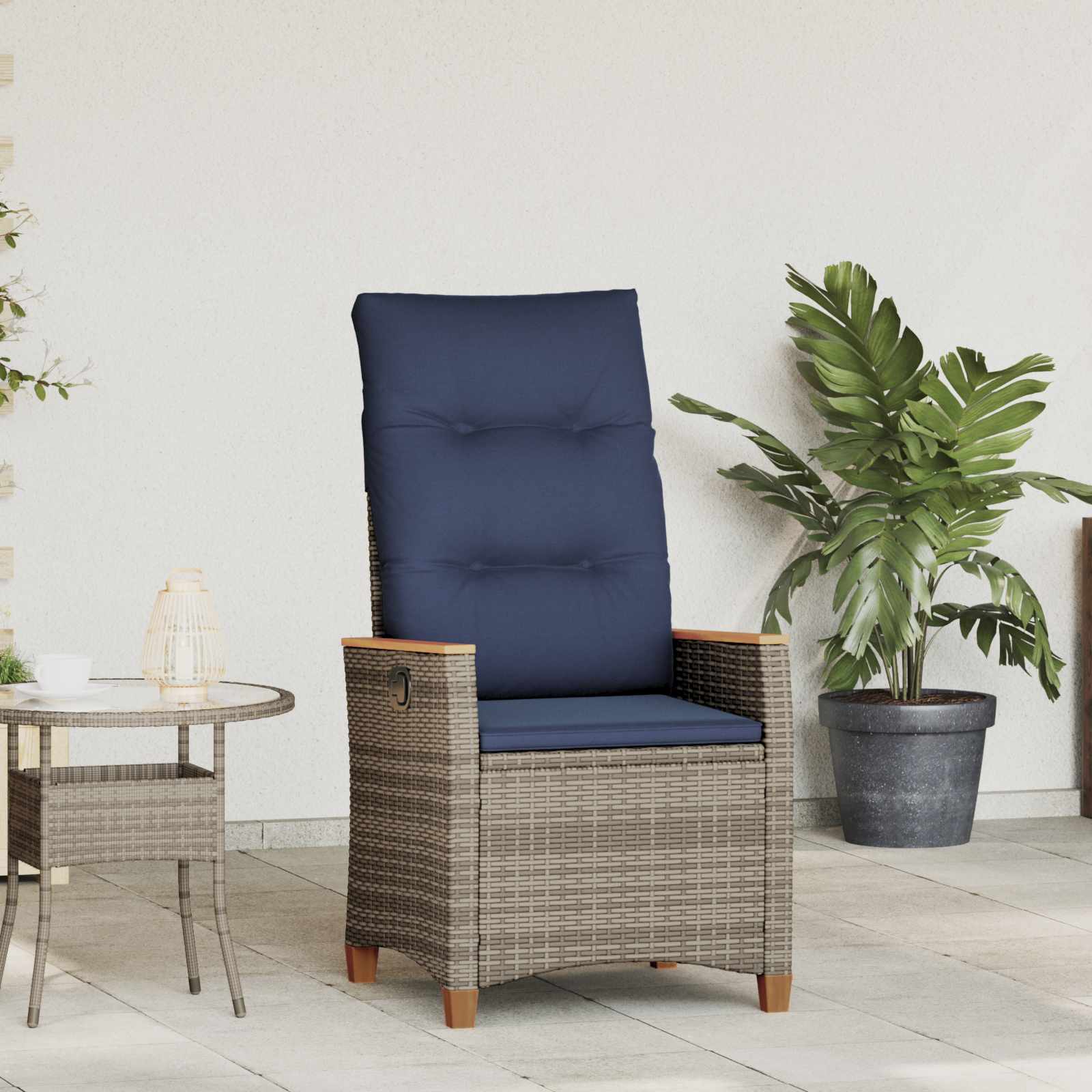 vidaXL Verstellbarer Gartenstuhl Grau und Marineblau Poly-Rattan
