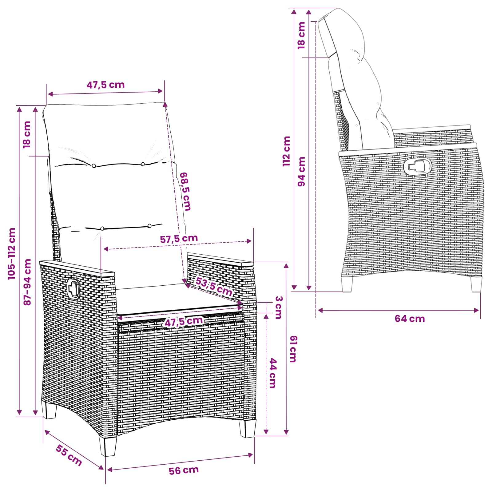 Ležeči vrtni stol Črna in krem 64 x 57,5 x 112 cm poli ratan - slika 12