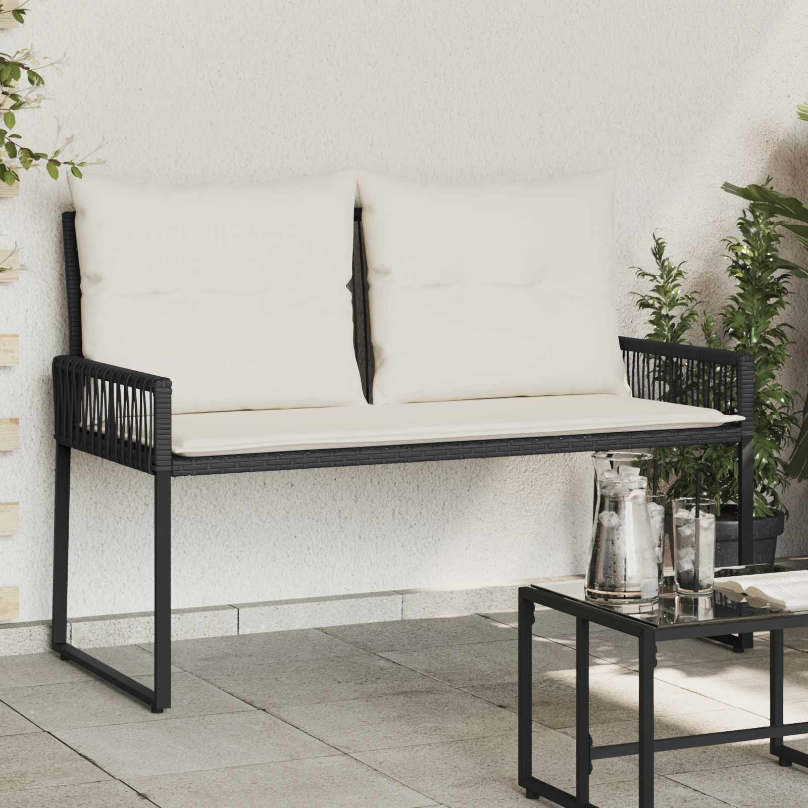 vidaXL Utomhusb&auml;nk med kudde 4 pcs Svart och kr&auml;mvit konstrotting