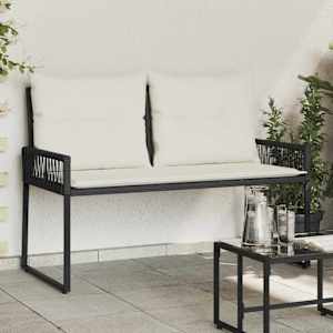 Zunanja klop z blazino 4 pcs Črna in krem bela poli ratan