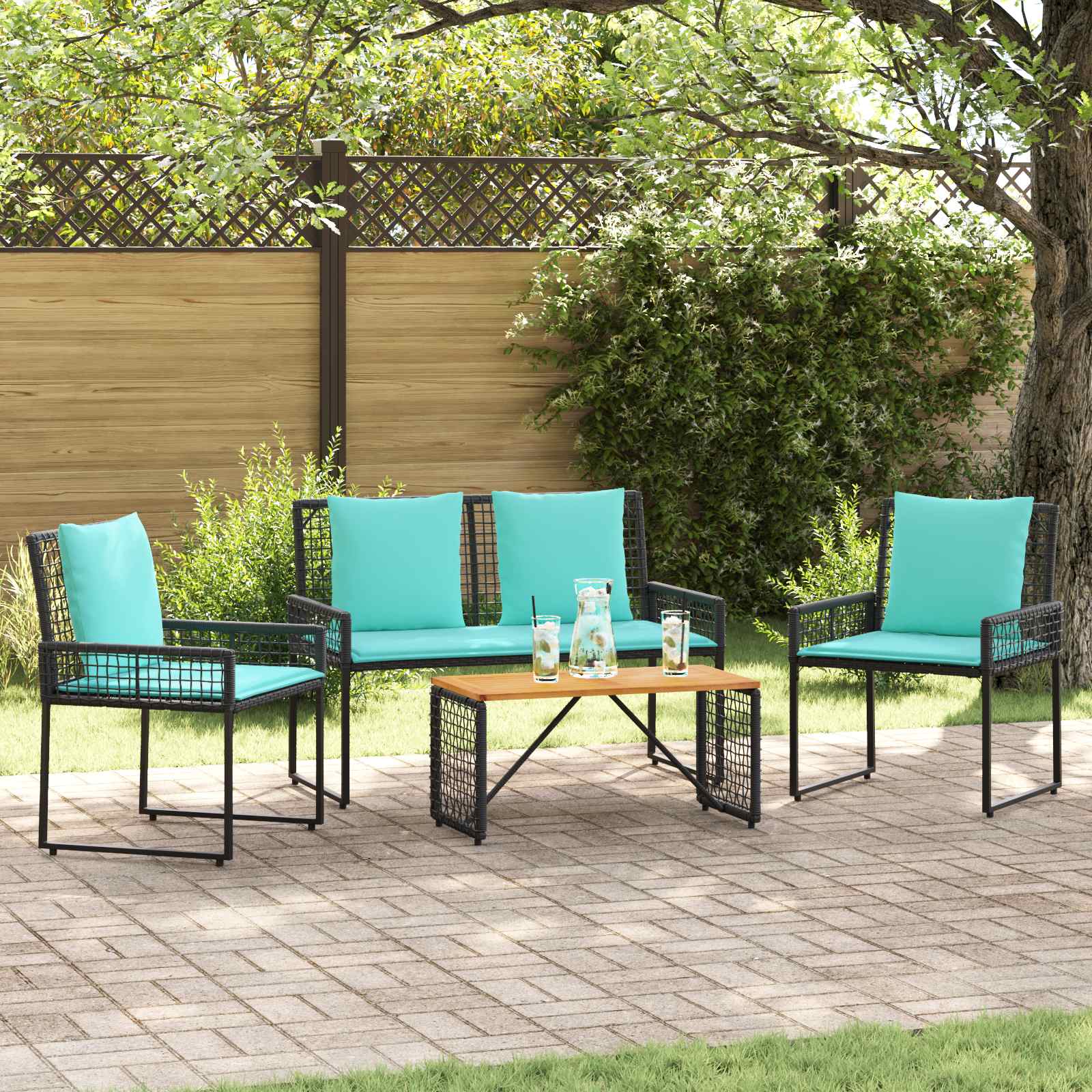 vidaXL Set de Mobilier pentru Exterior cu pernă 4 pcs Negru și Turcoaz