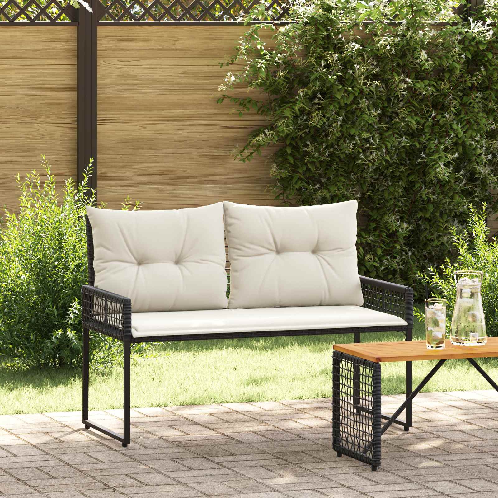 vidaXL Bancă de exterior cu pernă Negru și Alb crem 118 x 55 x 82 cm