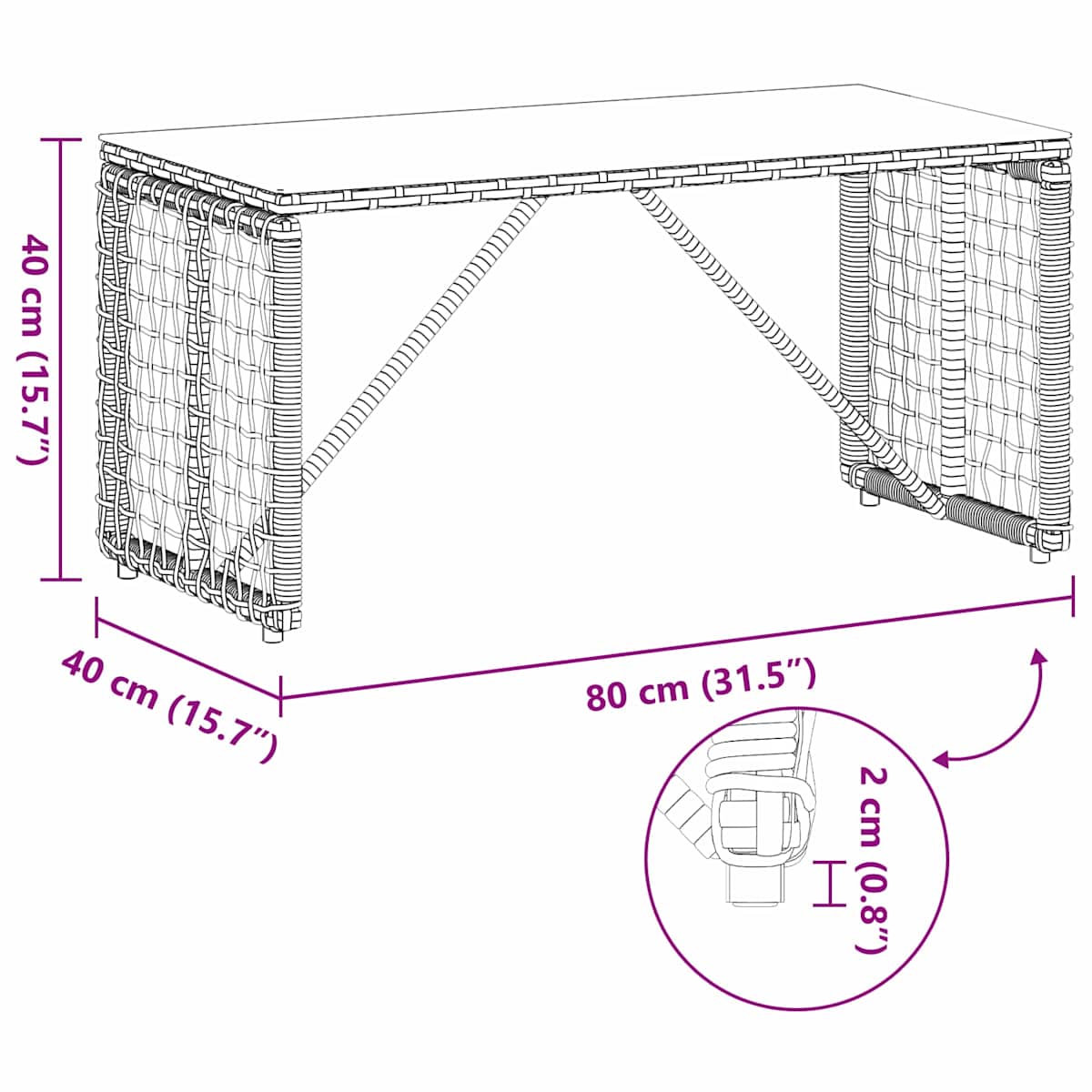 Udendørs Bord 80 x 40 x 40 cm PE Rattan og Glas - Billede 9