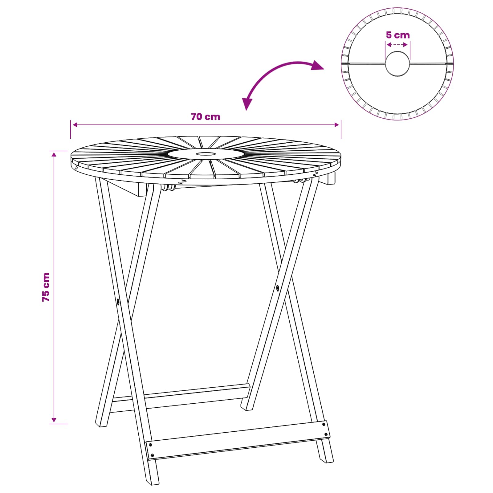 Vouw Tuin Tafel Naturel Ø70 x 75 cm Massief Acaciahout image 9