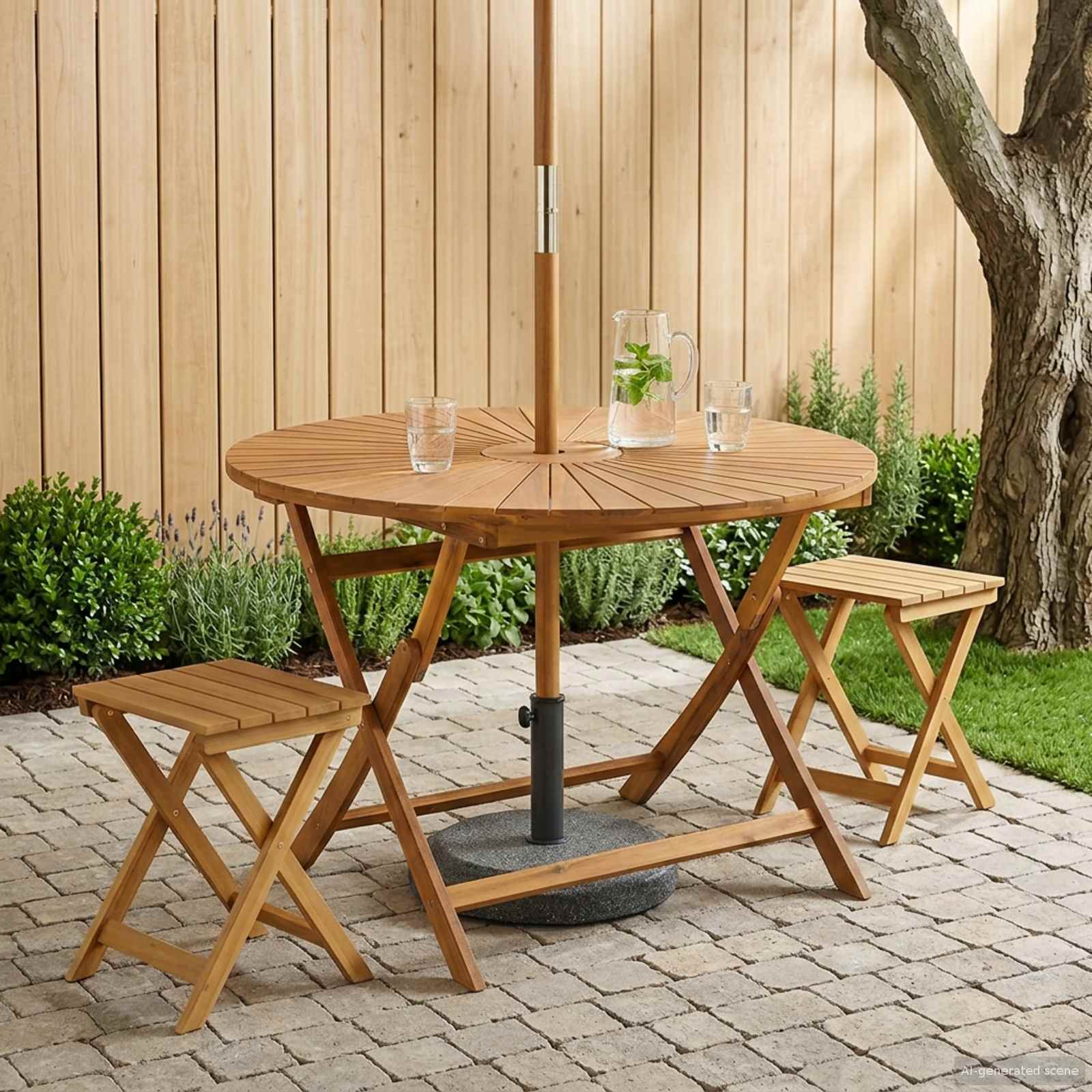 Vouw Tuin Tafel Naturel Ø110 x 75 cm Massief Acaciahout image 1