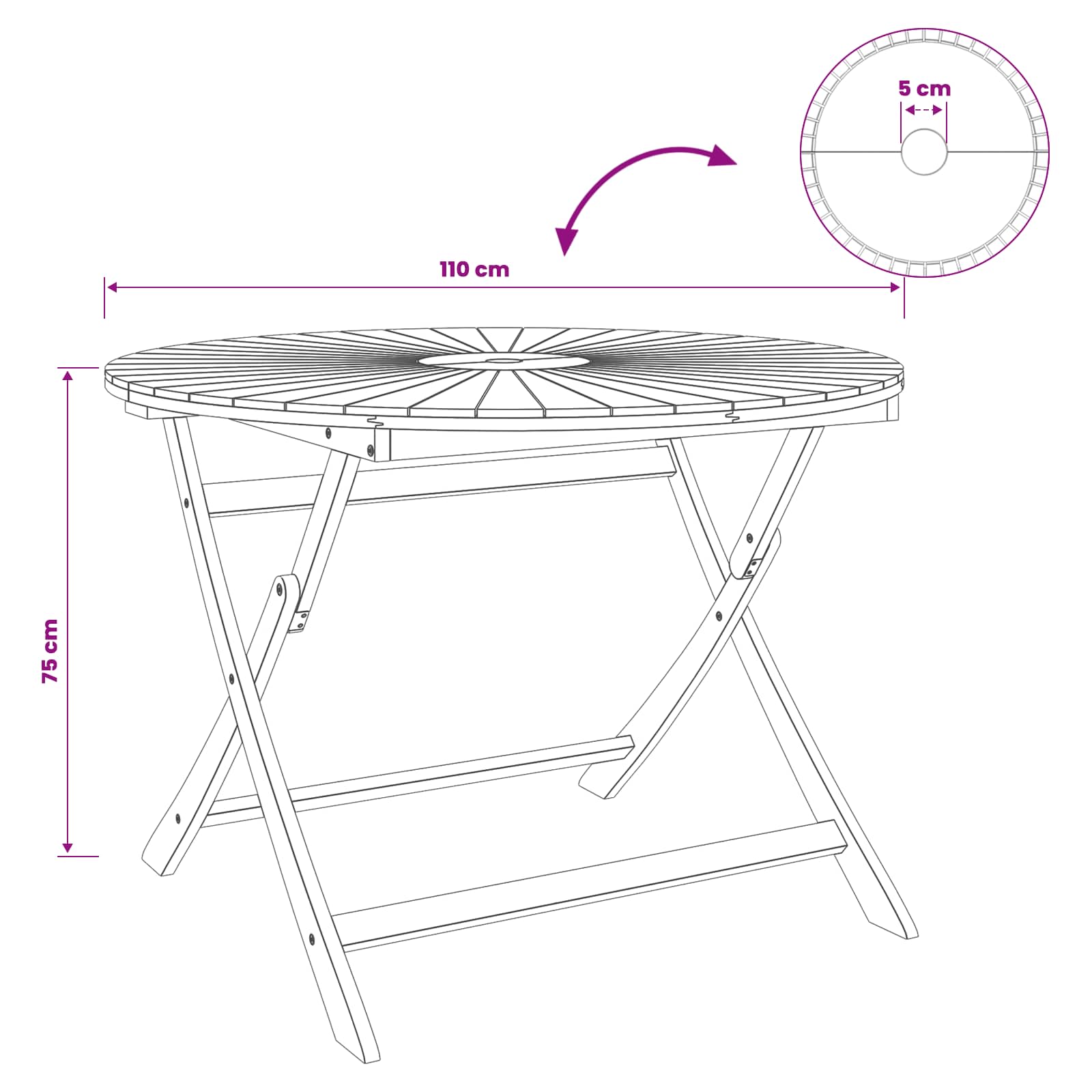 Vouw Tuin Tafel Naturel Ø110 x 75 cm Massief Acaciahout image 9