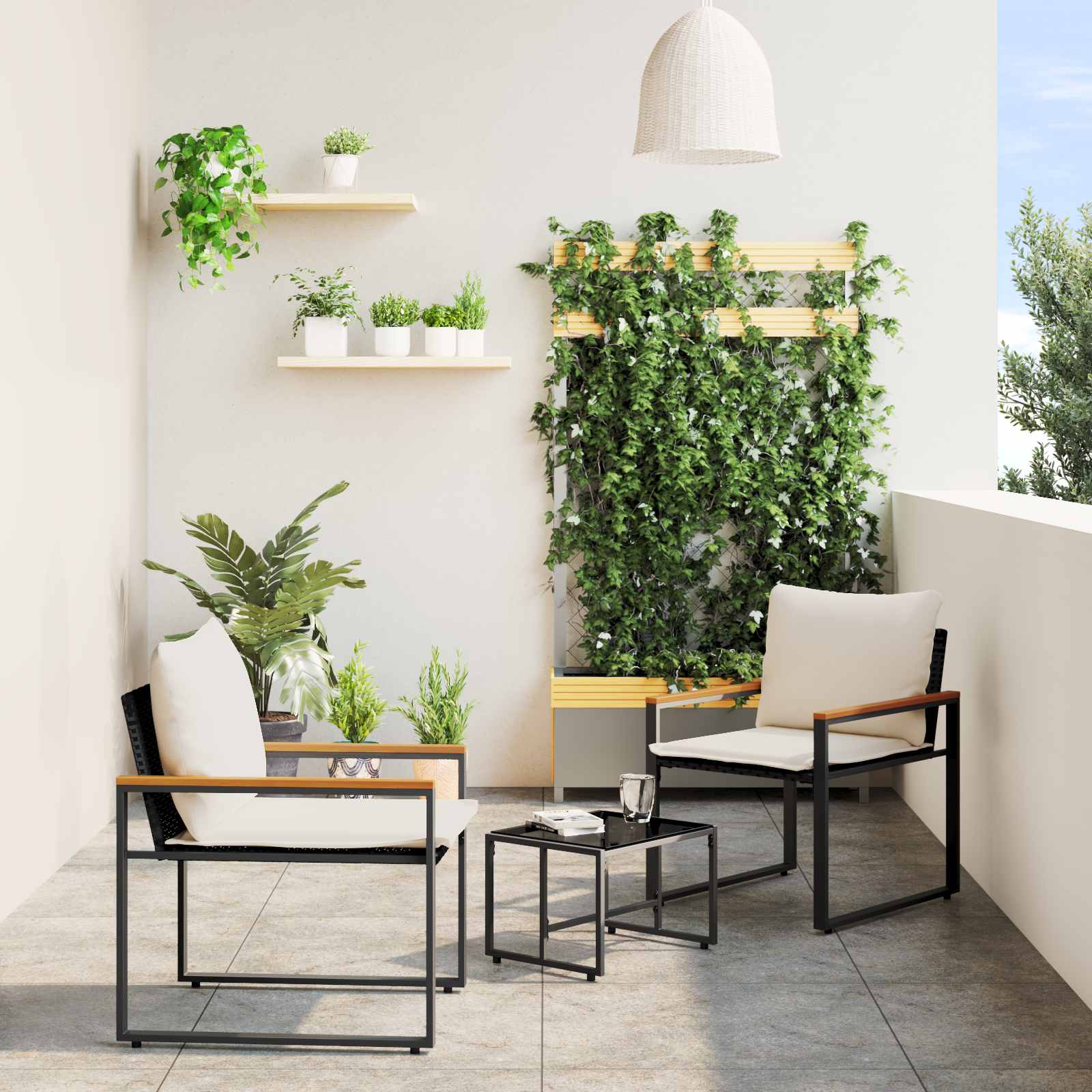 vidaXL Möbelsets mit Kissen 3 pcs Schwarz und Cremeweiß Rattan