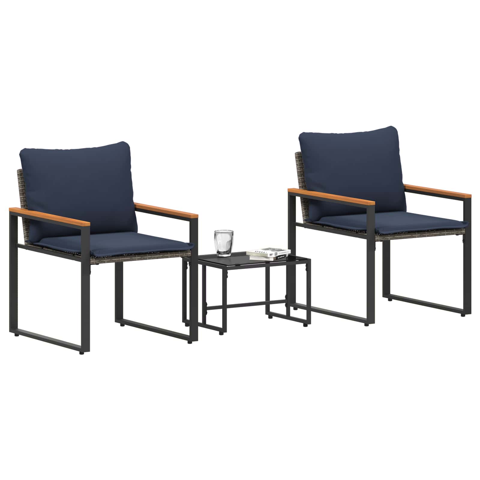 Seturi de mobilier cu pernă 3 pcs Gri și albastru marin Ratan [2]