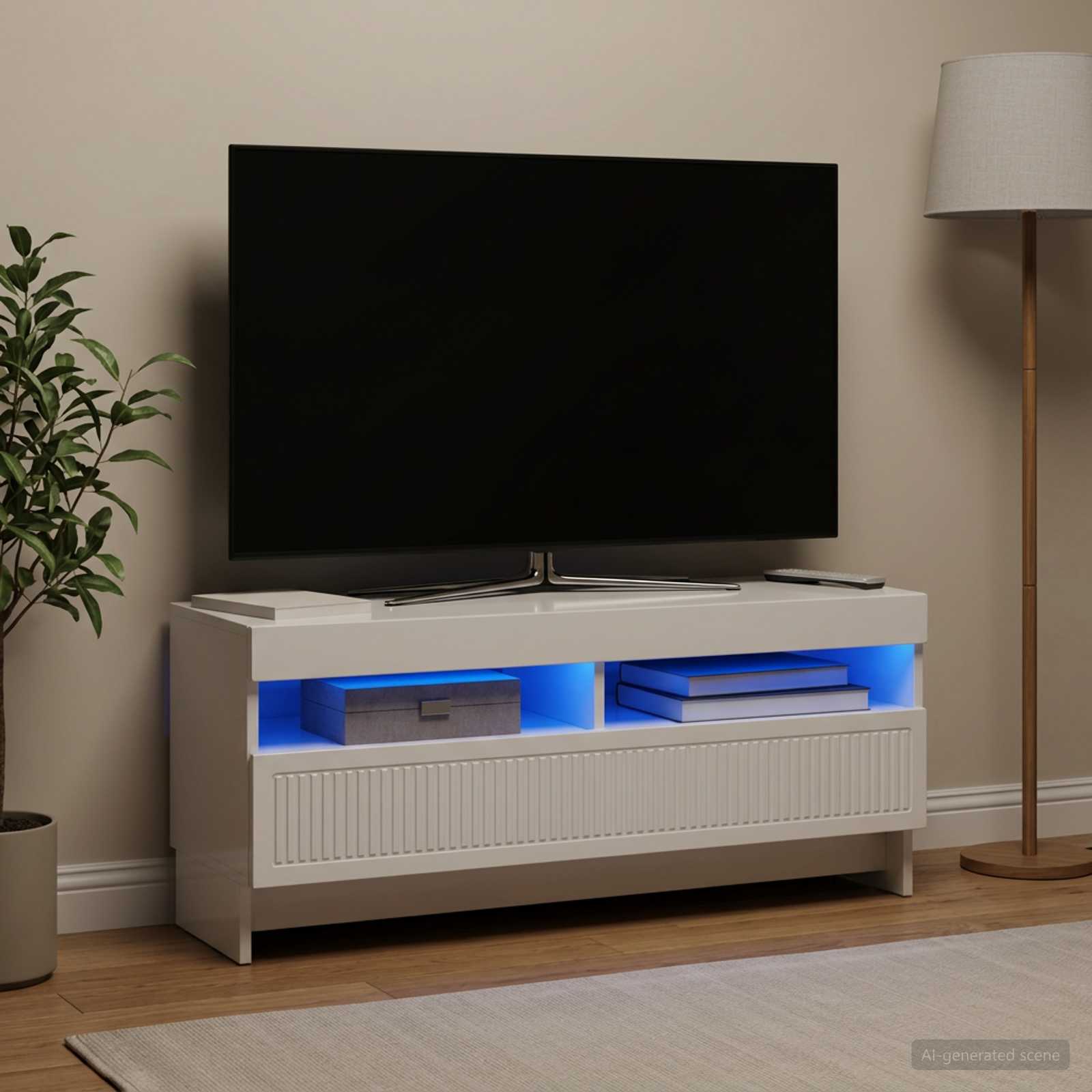 LED TV-kaappi Korkeakiiltoinen valkoinen Tekninen puu