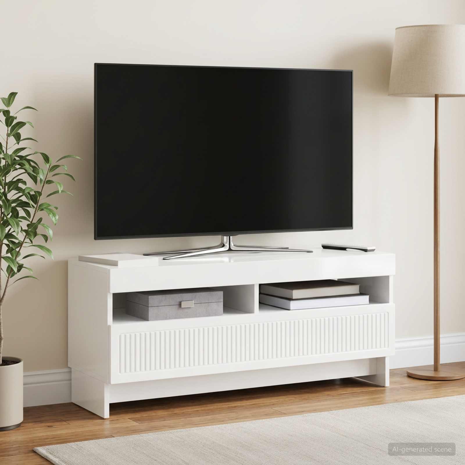 LED TV-kaappi EDE 100 x 35 x 43 cm Korkeakiiltoinen valkoinen - Image 4