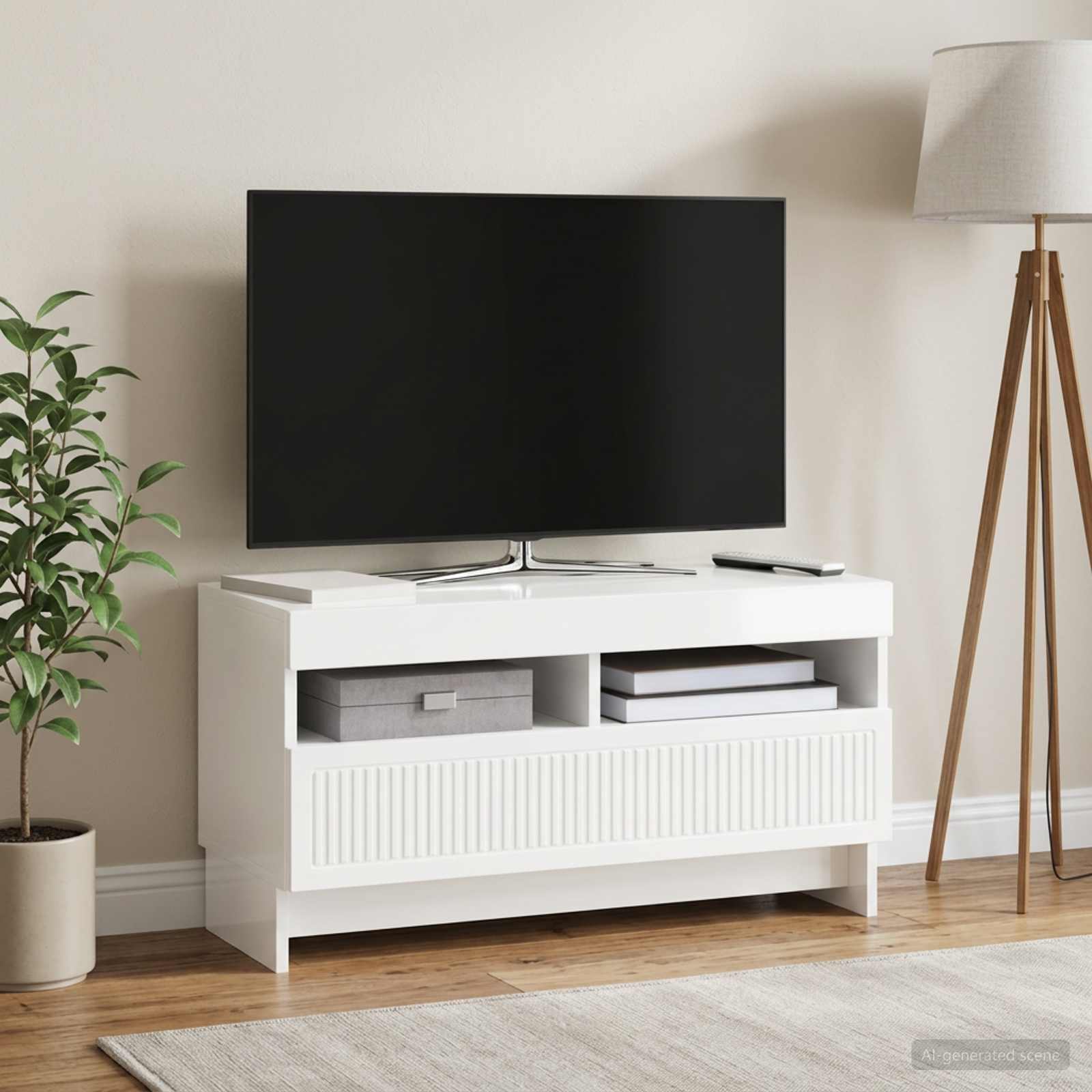 LED TV-kaappi Korkeakiiltoinen valkoinen Tekninen puu