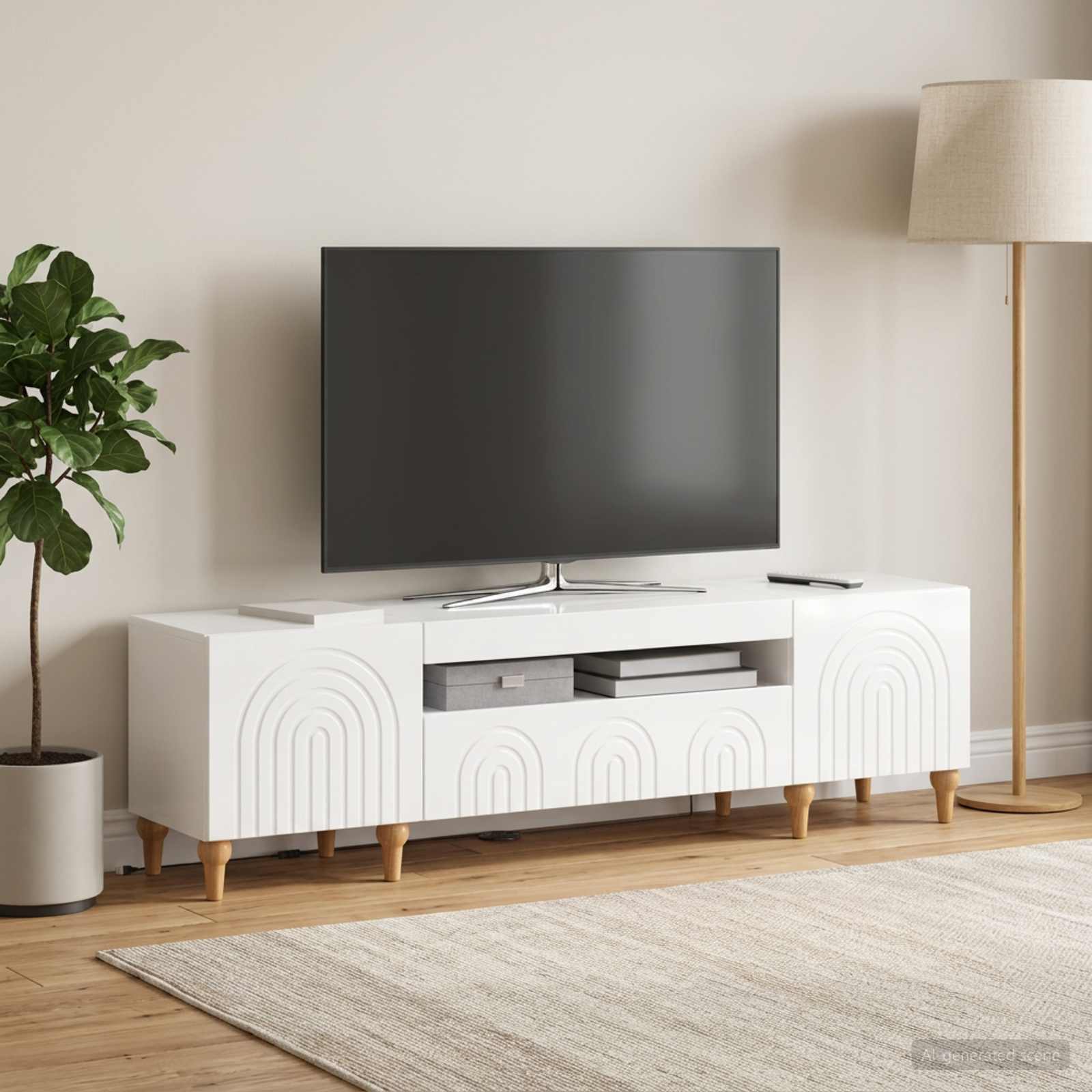 LED TV-kaappi Korkeakiiltoinen valkoinen Tekninen puu