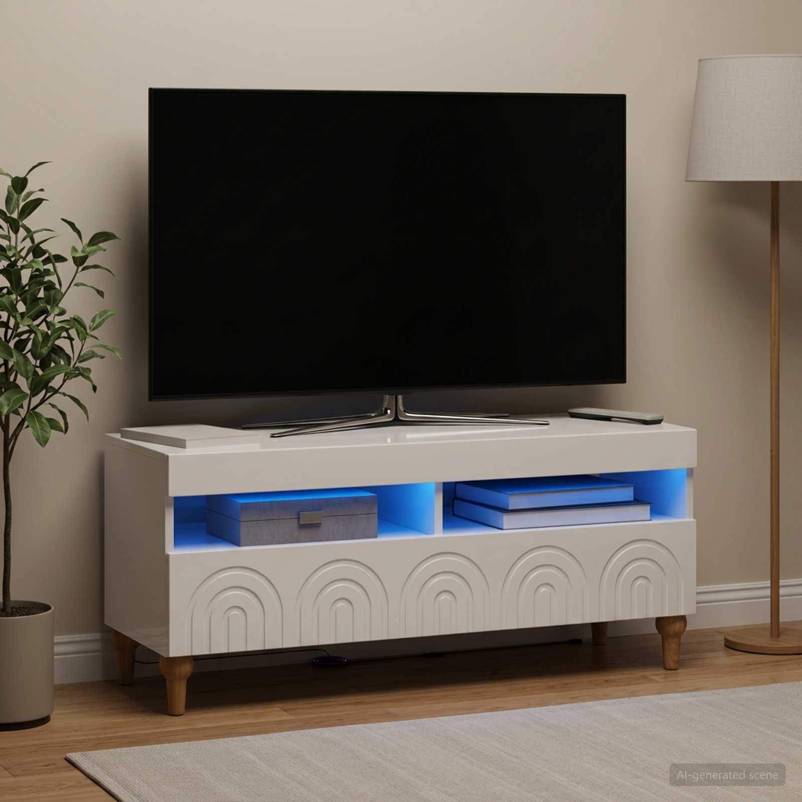 LED TV-kaappi Korkeakiiltoinen valkoinen Tekninen puu