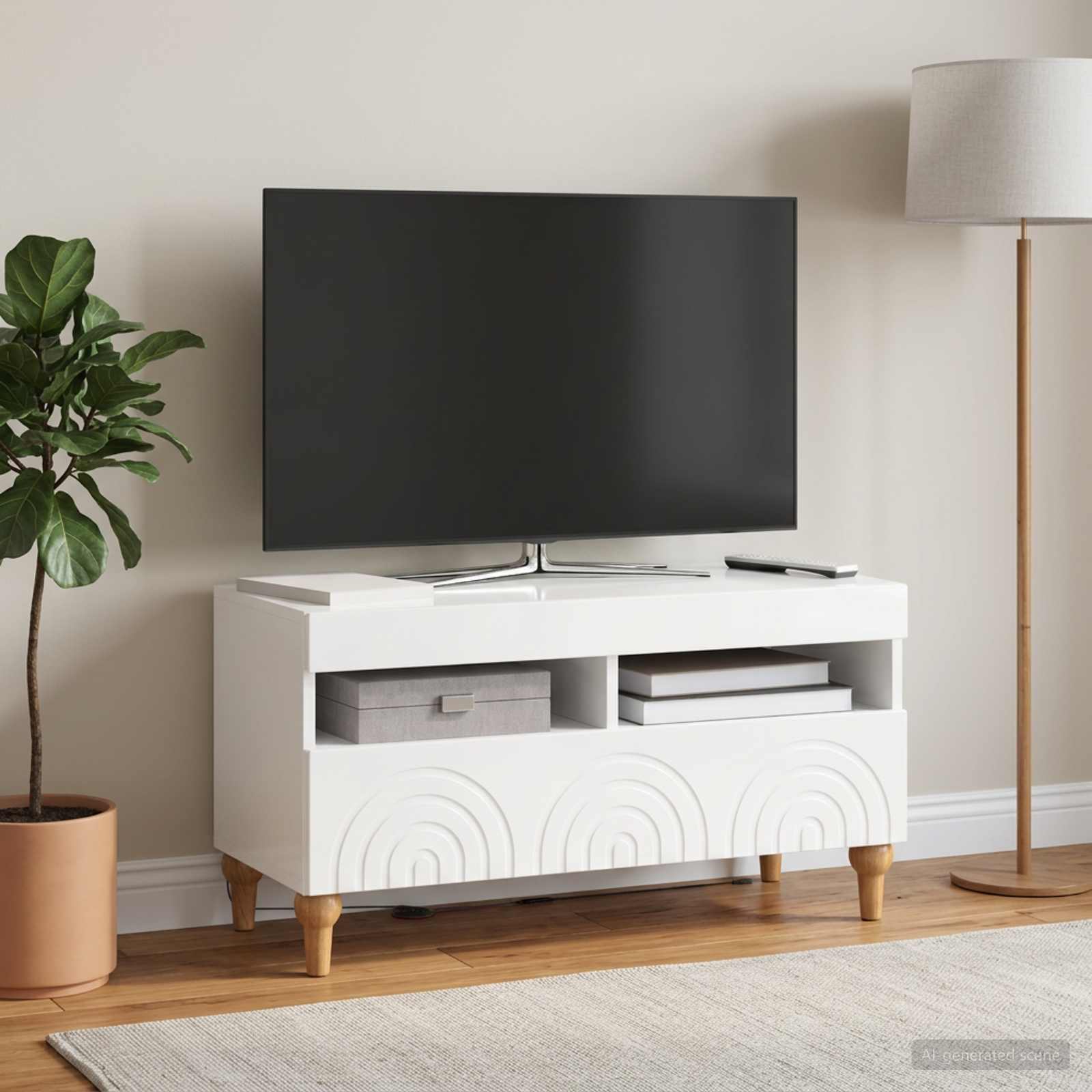 LED TV-kaappi Korkeakiiltoinen valkoinen Tekninen puu