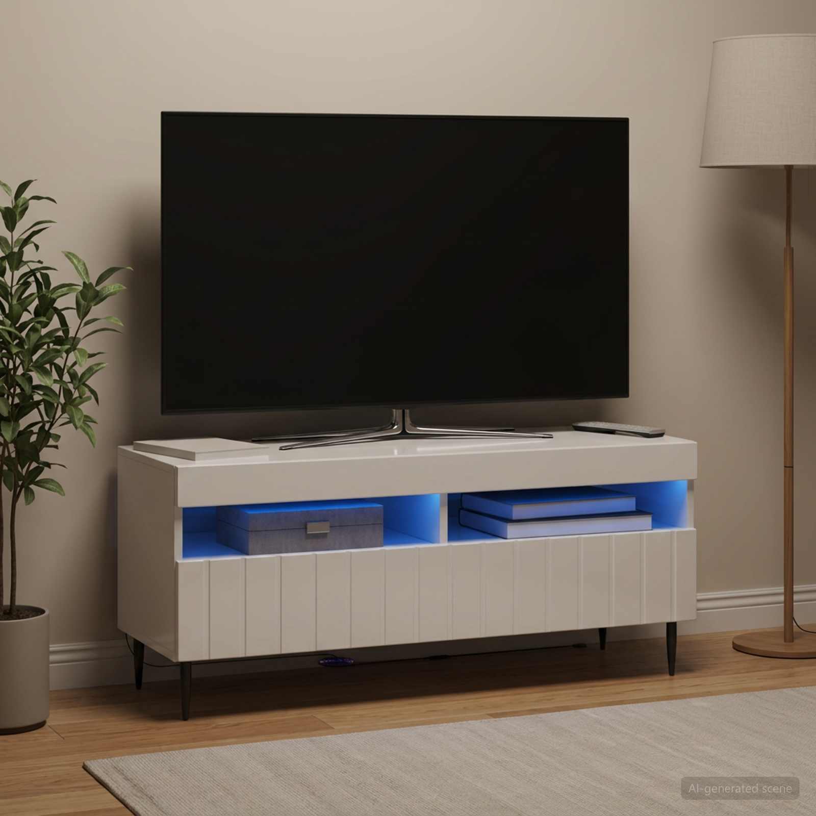 LED TV-kaappi Korkeakiiltoinen valkoinen Tekninen puu