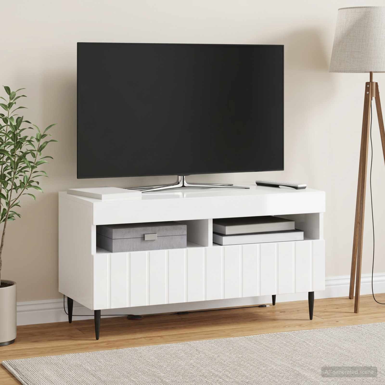 LED TV-kaappi Korkeakiiltoinen valkoinen Tekninen puu