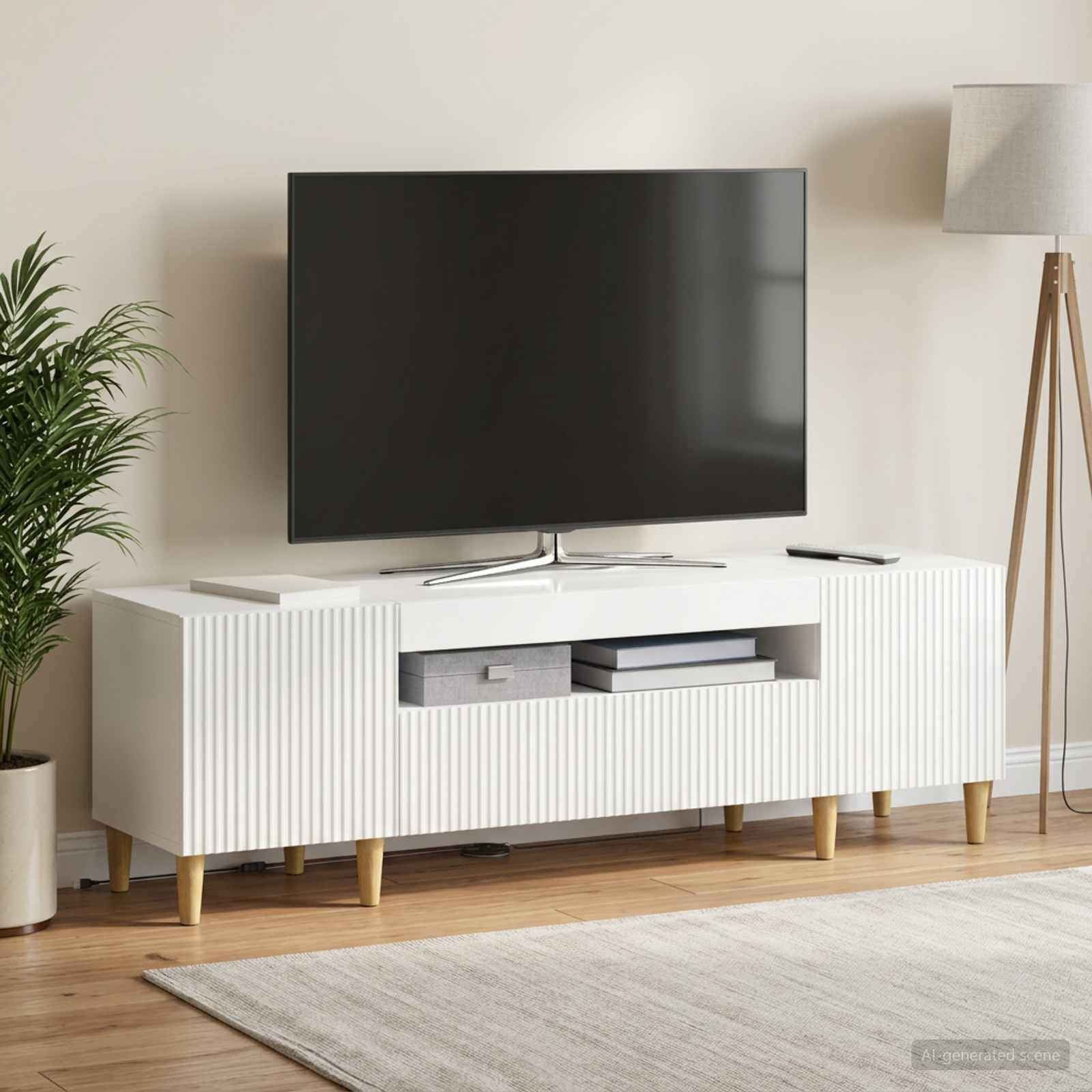 LED TV-kaappi Korkeakiiltoinen valkoinen Tekninen puu