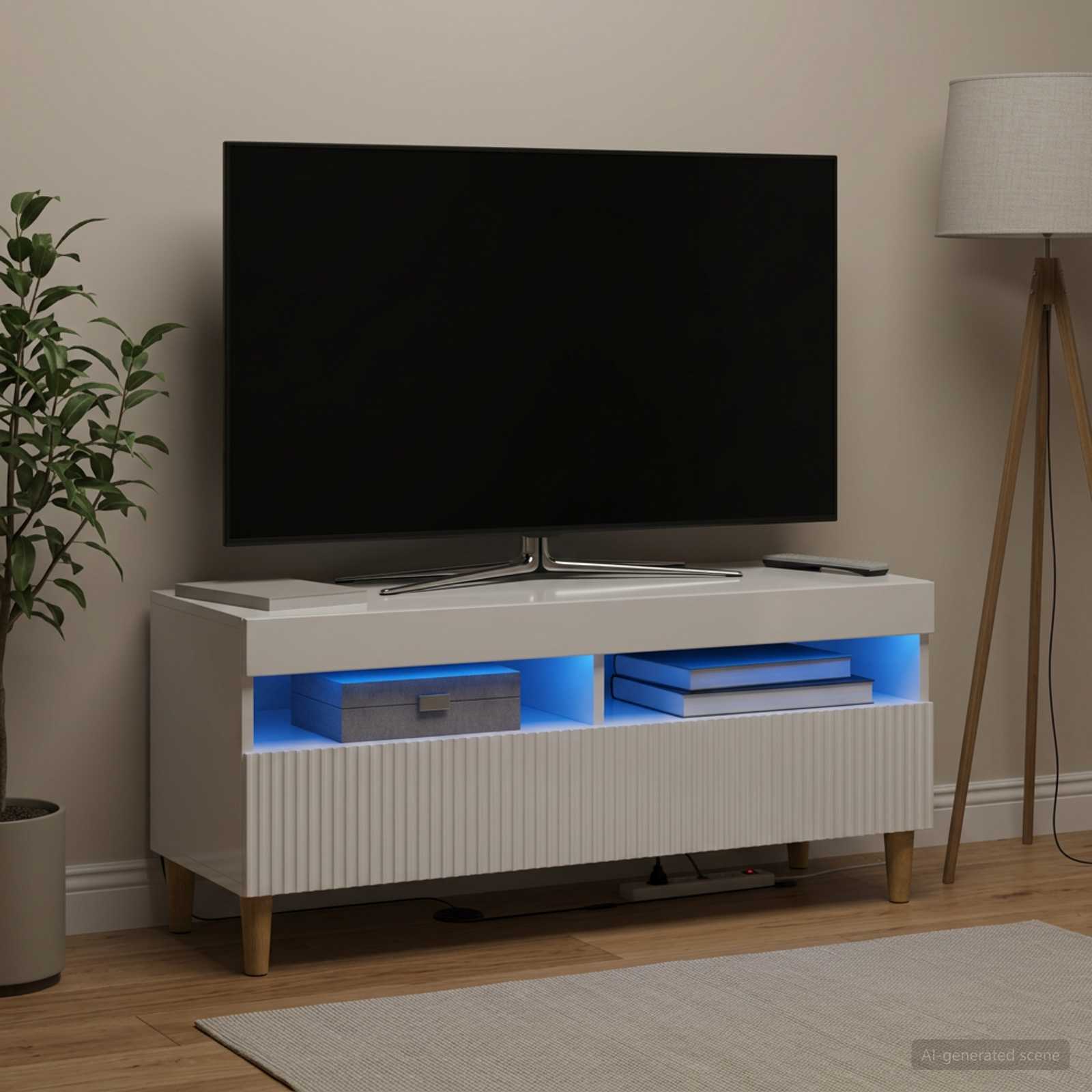 LED TV-kaappi Korkeakiiltoinen valkoinen Tekninen puu