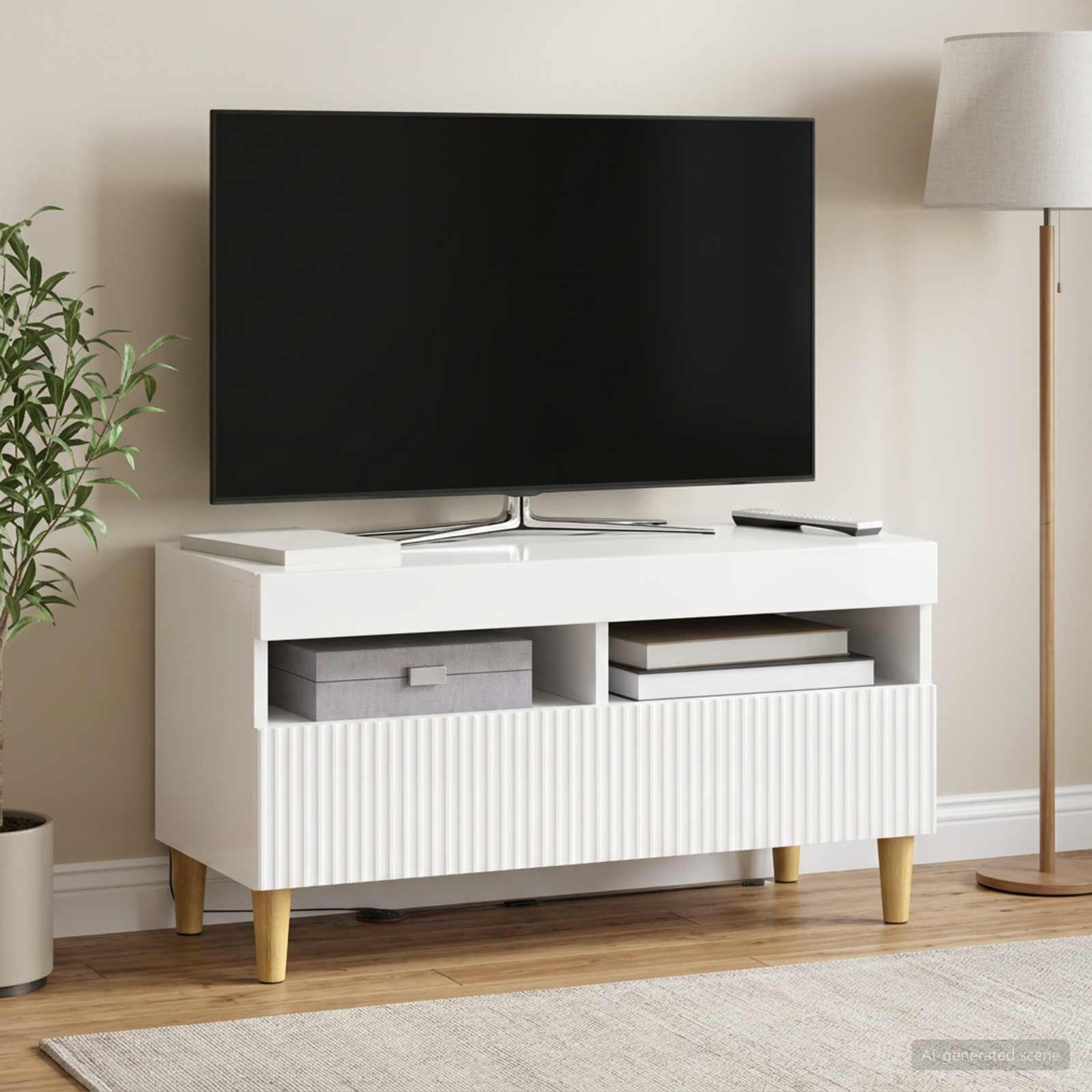 LED TV-kaappi Korkeakiiltoinen valkoinen Tekninen puu
