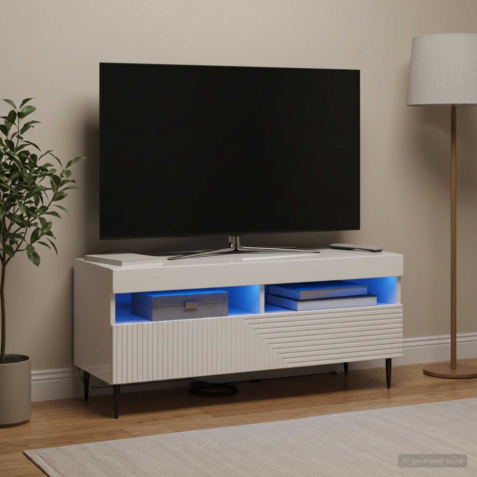 LED TV-kaappi Korkeakiiltoinen valkoinen Tekninen puu