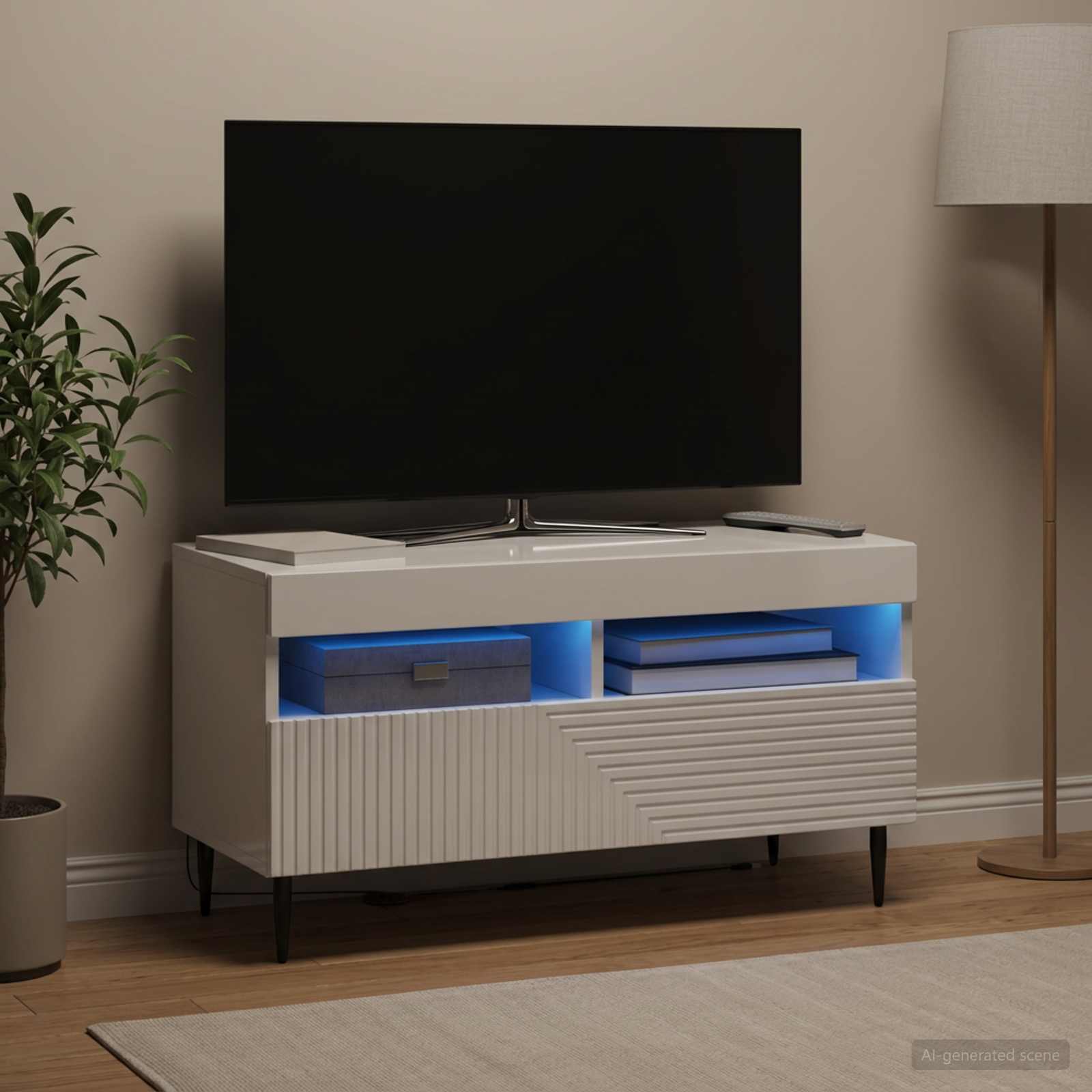 LED TV-kaappi Korkeakiiltoinen valkoinen Tekninen puu