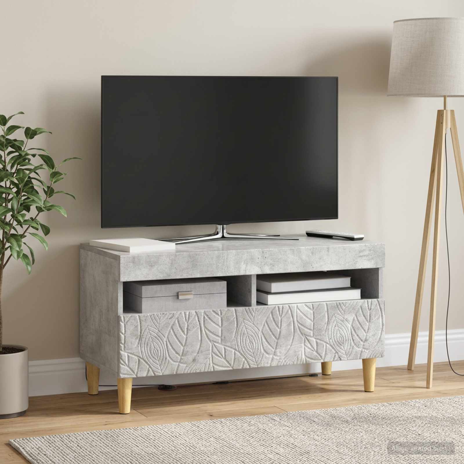 LED TV-kaappi Betoninharmaa Tekninen puu - Image 4