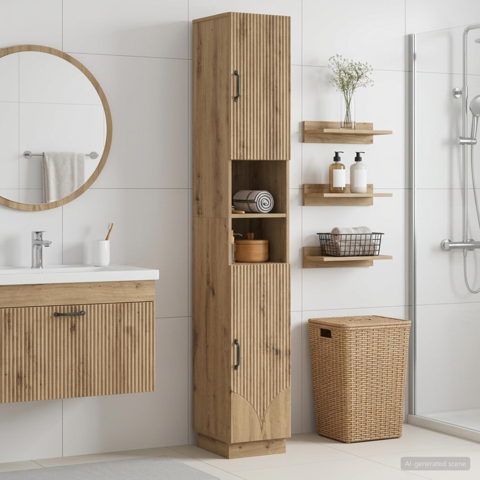 Badkamerkast met Open Plank HOORN Artisanaal eiken