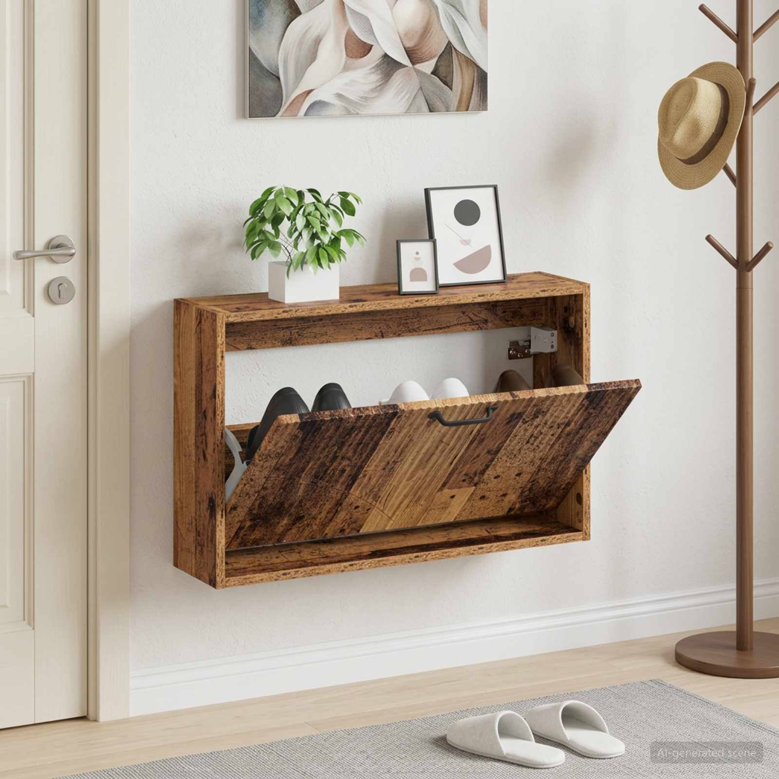 Vægmonteret skoskab HOORN 71 x 17 x 43 cm i konstrueret træ - gammelt træ