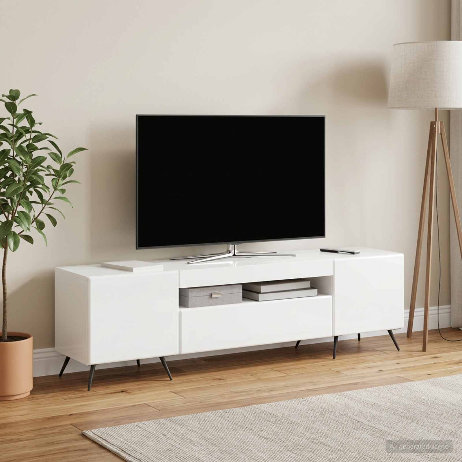 LED TV-kaappi Korkeakiiltoinen valkoinen Tekninen puu